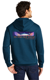 In the Red Zone Cordova Alaska fish with northern lights on navy hoody back